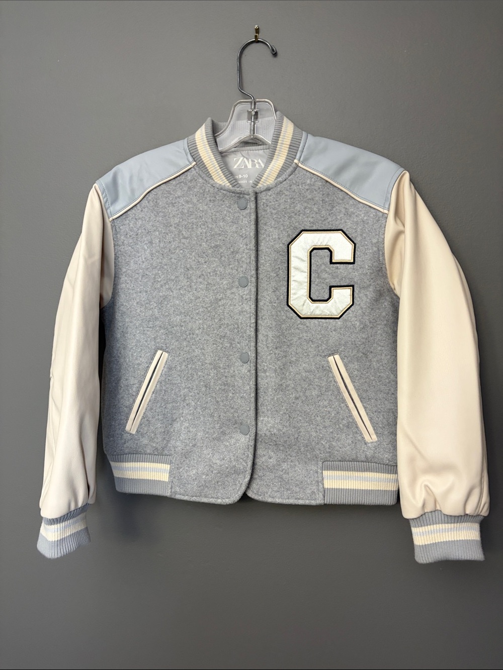 Zara Kids Light Gray & Cream Letterman Jacket - California - Size 9/10
